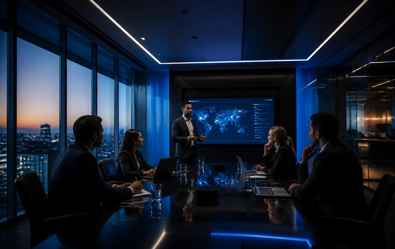 Professional team collaborating in a modern boardroom