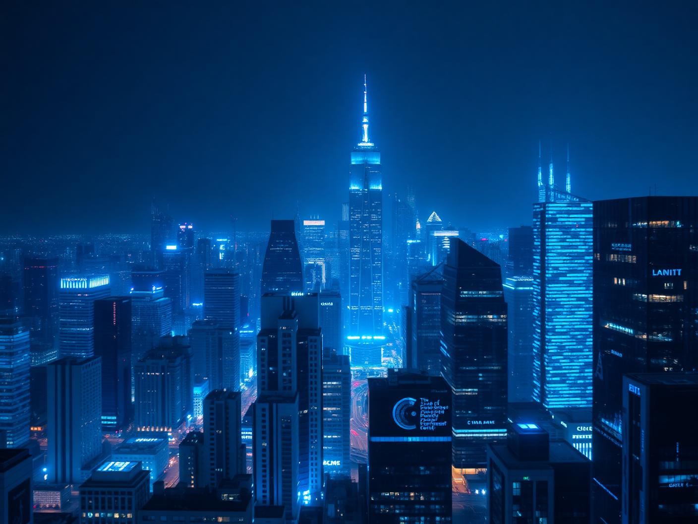 Financial district skyline with data overlays at night