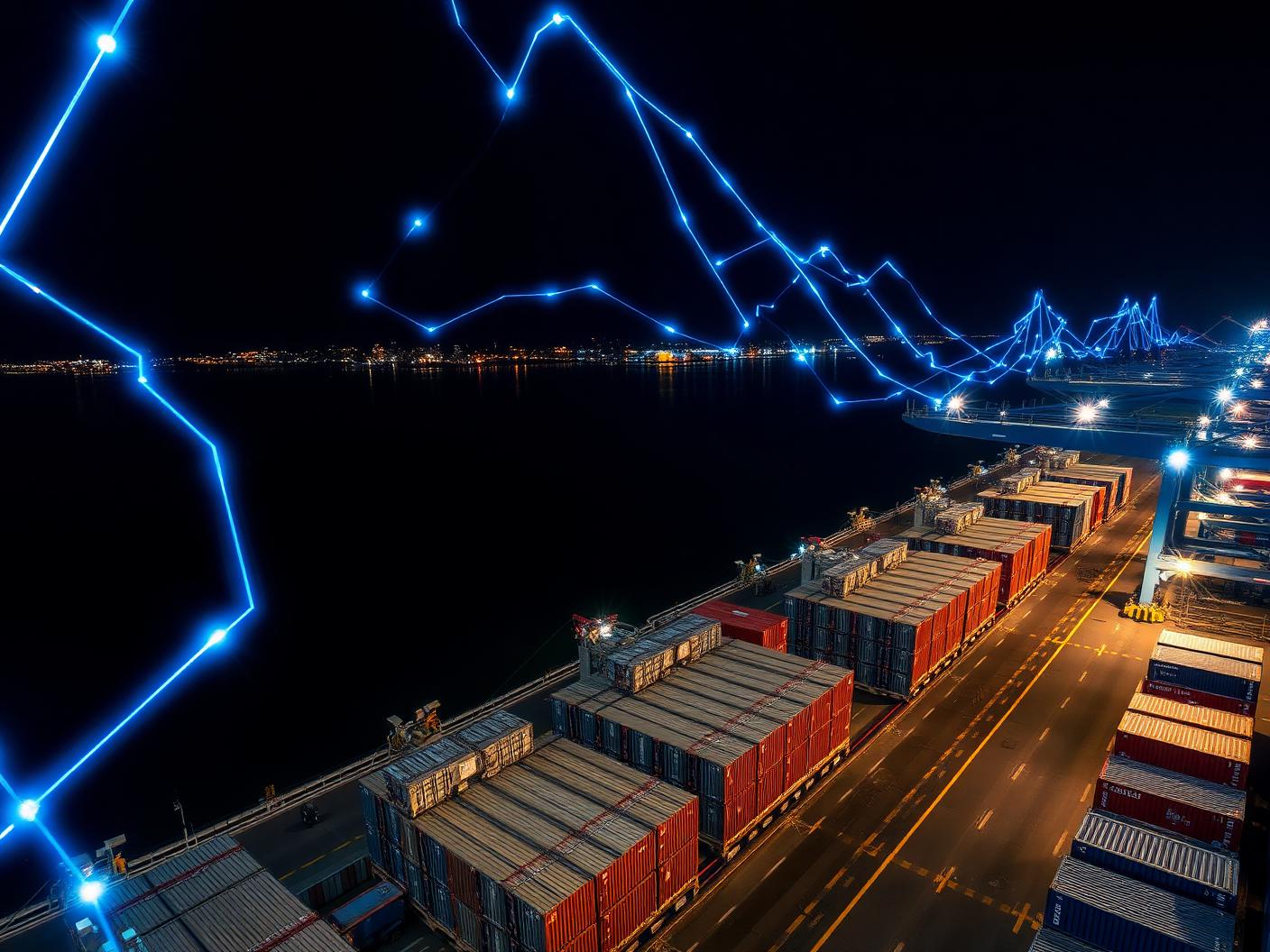 Container port at night with connected route lines