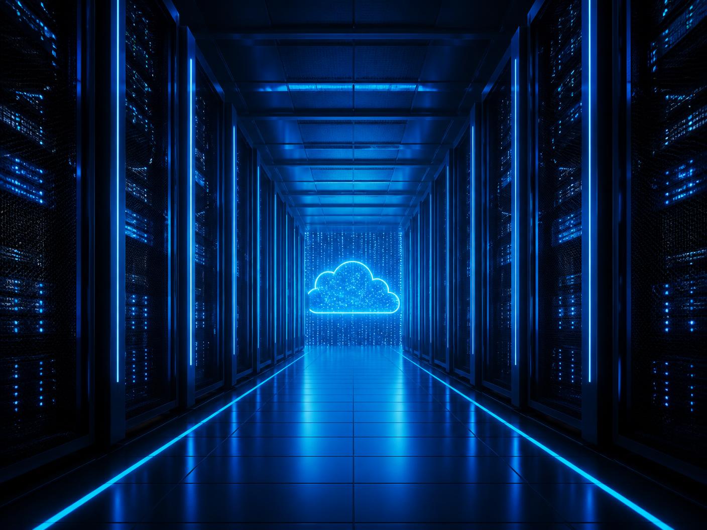 Modern data center aisle representing cloud infrastructure