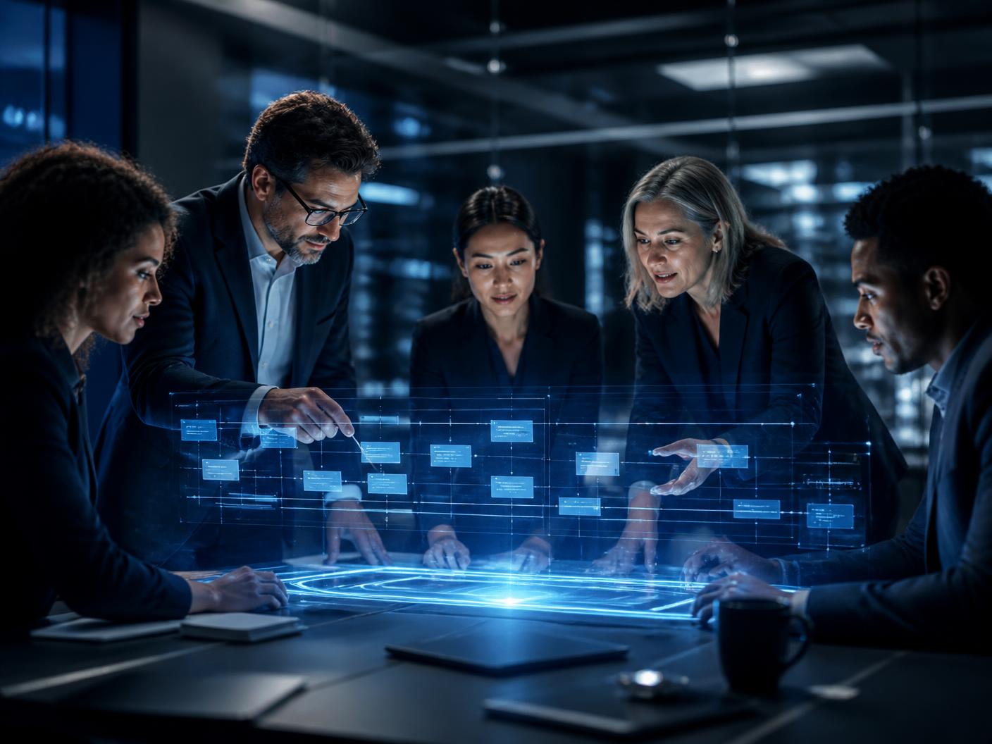 Team reviewing a project delivery plan on a digital board